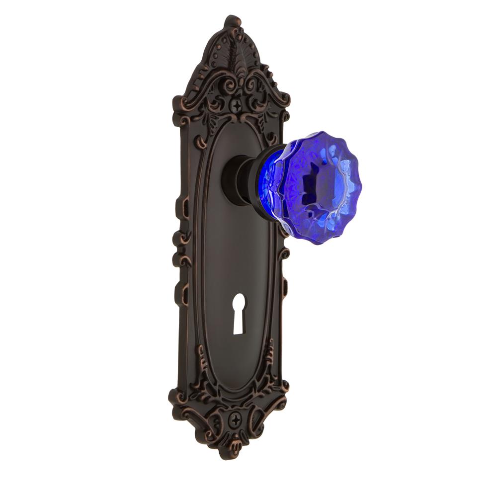 Nostalgic Warehouse VICCRC Colored Crystal Victorian Plate Interior Mortise Crystal Cobalt Glass Door Knob in Timeless Bronze